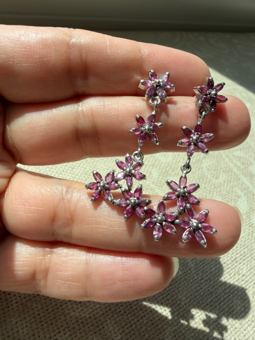 sterling silver ruby flowers delicate dangle earrings